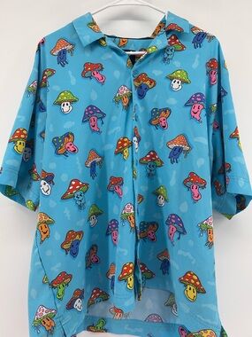 Fresh Prints of Bel Air Mushroom Shirt XL Blue Button‎ Down Funky Graphic